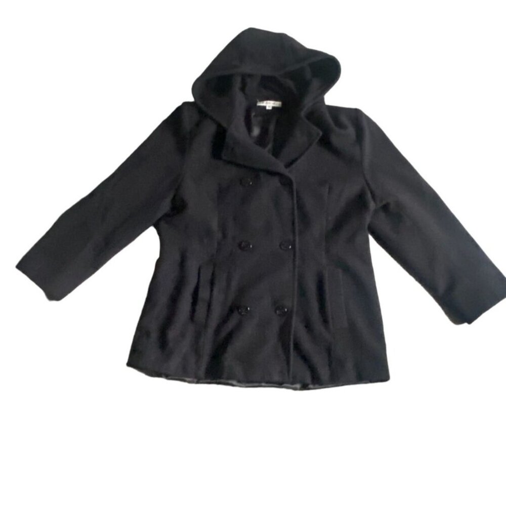 Jason Kole Womens Black, Hooded Peacoat-Mid-length-Black-Size M-GUC